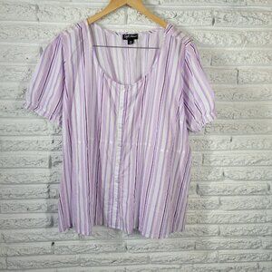 Soft Focus Womens Top 20W Plus Puff Sleeve Purple Stripe Lightweight STR99E
